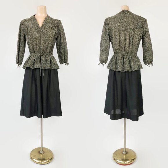 VINTAGE 1970s Metallic Gold Lurex Peplum Dress - Picture 2 of 9